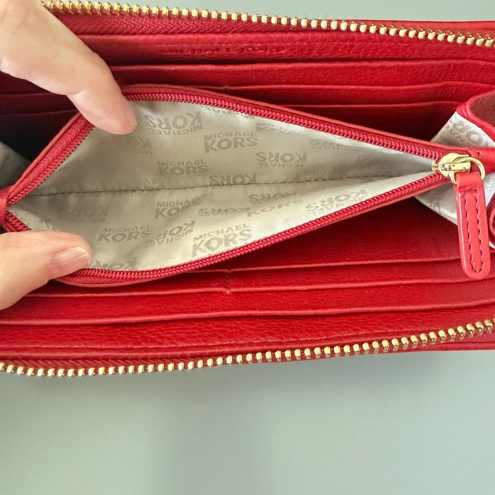 Michael‎ Kors Red Leather Zip Around Continental Wallet Gold Tone Hardware